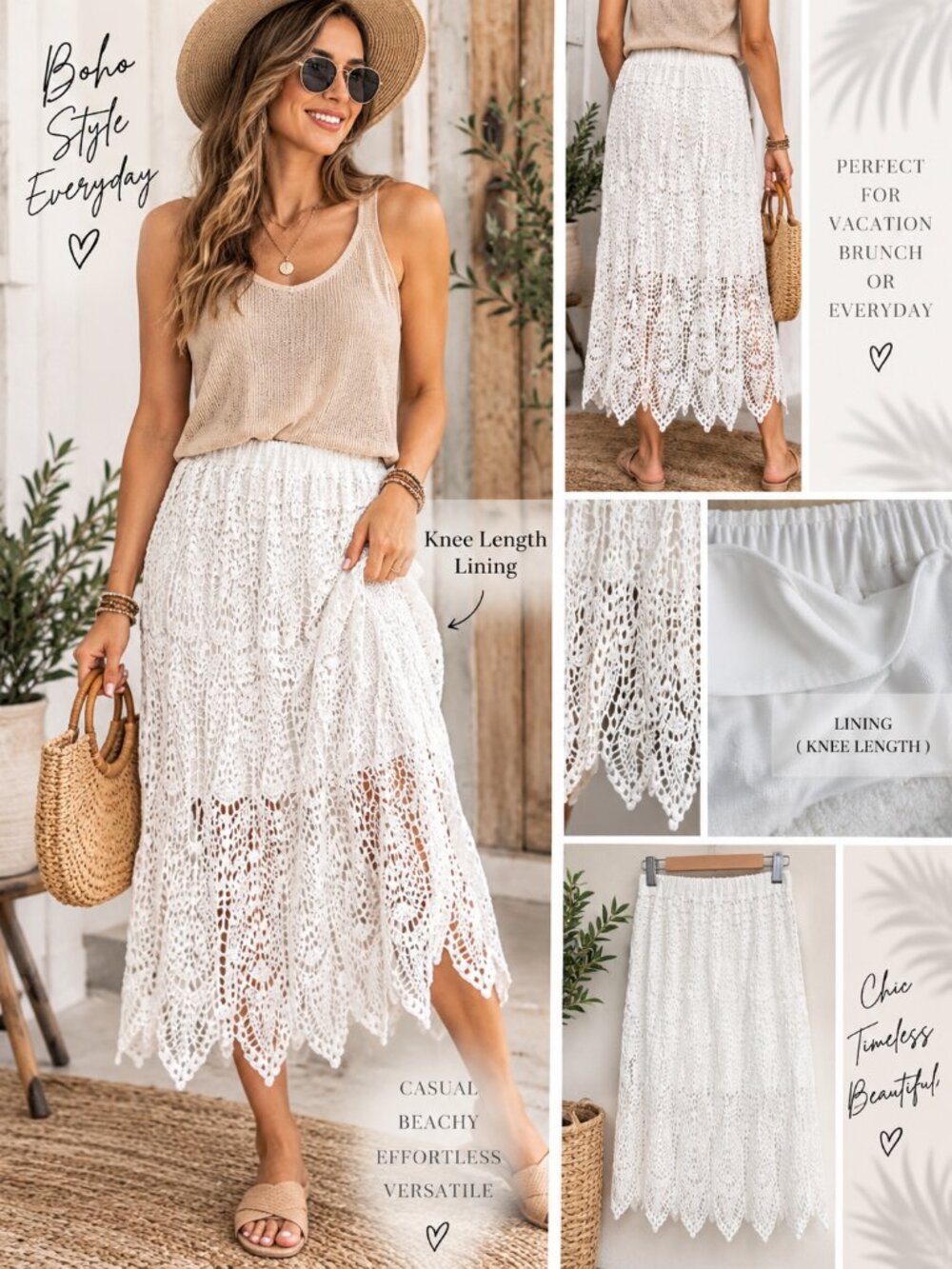 POL White Crochet Midi Skirt Boho Cotton Lace Scalloped Hem Small